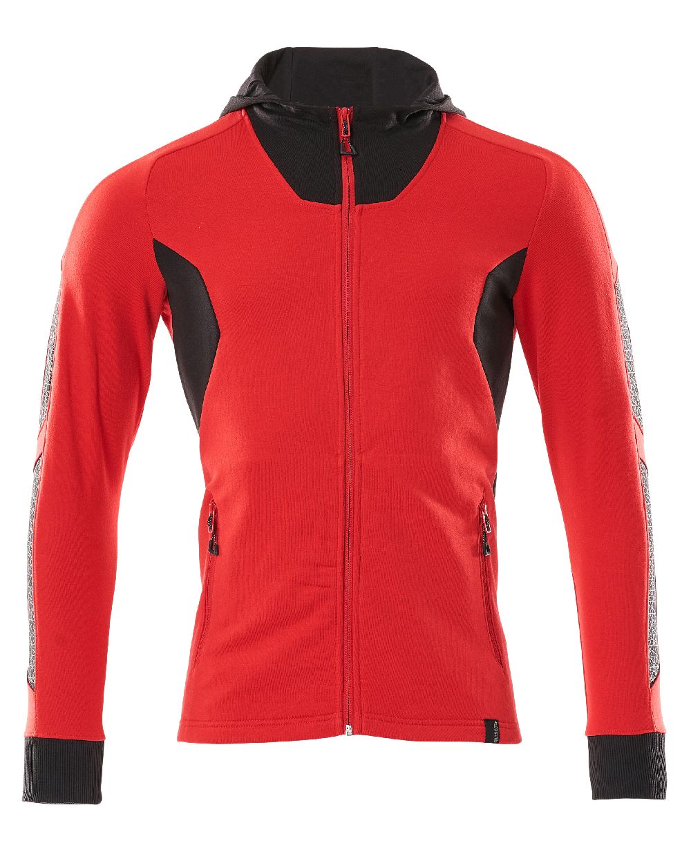 Traffic Red Black Coloured Mascot Workwear Mens Accelerate Hoodie With Zipper on white background 