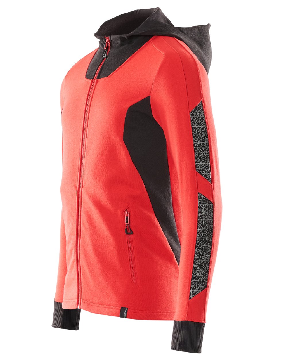 Traffic Red Black Coloured Mascot Workwear Mens Accelerate Hoodie With Zipper on white background 