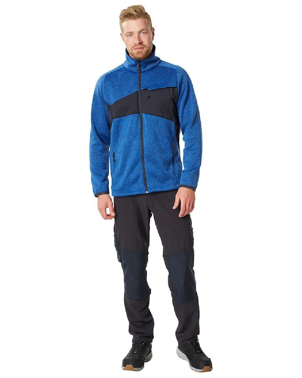 Azure Blue Dark Navy Coloured Mascot Workwear Mens Accelerate Knitted Jumper With Zipper on white background 