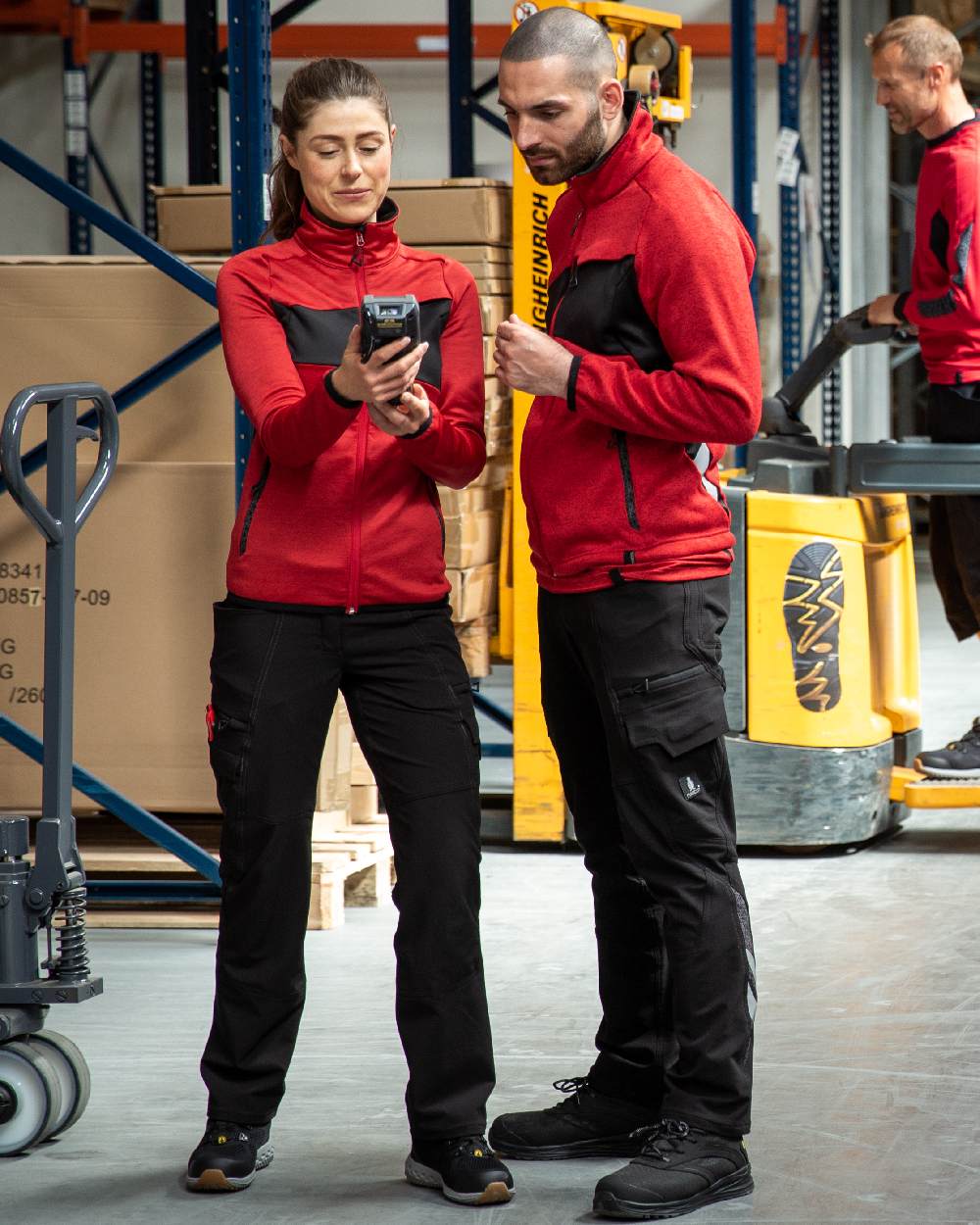 Traffic Red Black Coloured Mascot Workwear Mens Accelerate Knitted Jumper With Zipper on warehouse background 