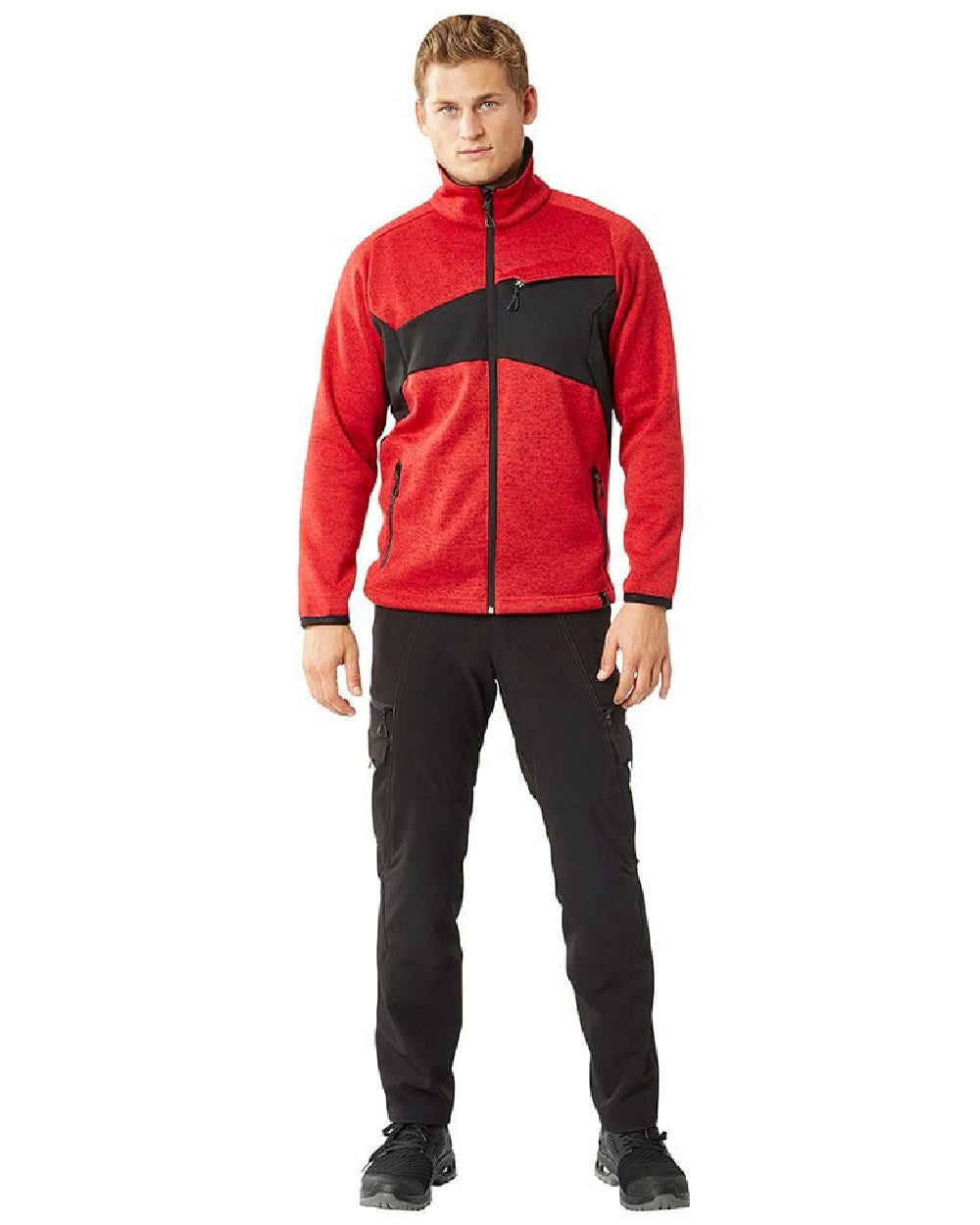 Traffic Red Black Coloured Mascot Workwear Mens Accelerate Knitted Jumper With Zipper on white background 