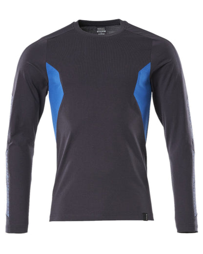 Dark Navy Azure Blue Coloured Mascot Workwear Mens Accelerate Long Sleeved T-Shirt on white background 