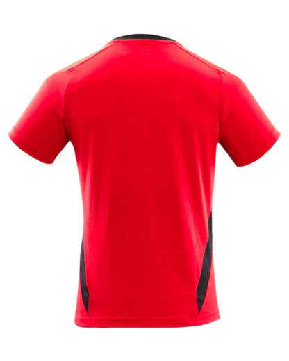 Traffic Red Black Coloured Mascot Workwear Mens Accelerate Round Neck T-Shirt on white background 