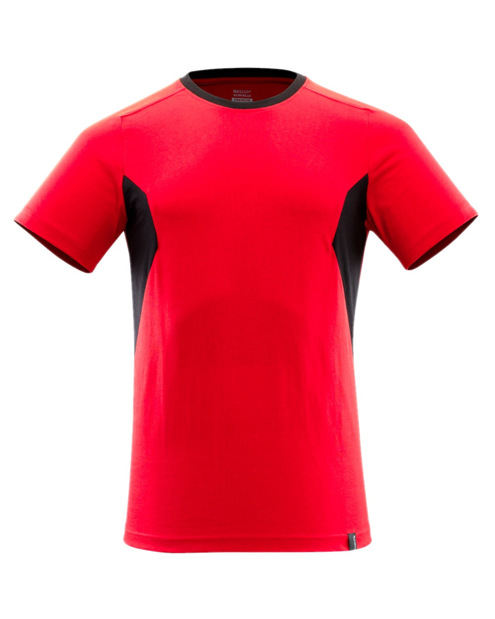 Traffic Red Black Coloured Mascot Workwear Mens Accelerate Round Neck T-Shirt on white background 