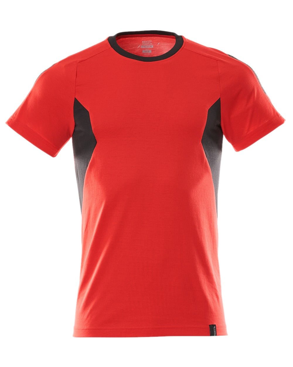 Traffic Red Black Colored Mascot Workwear Mens Accelerate Short Sleeve T-Shirt on white background 