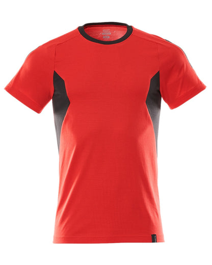 Traffic Red Black Colored Mascot Workwear Mens Accelerate Short Sleeve T-Shirt on white background 