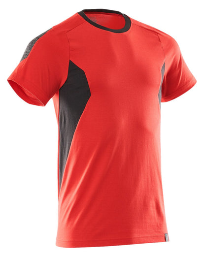 Traffic Red Black Colored Mascot Workwear Mens Accelerate Short Sleeve T-Shirt on white background 