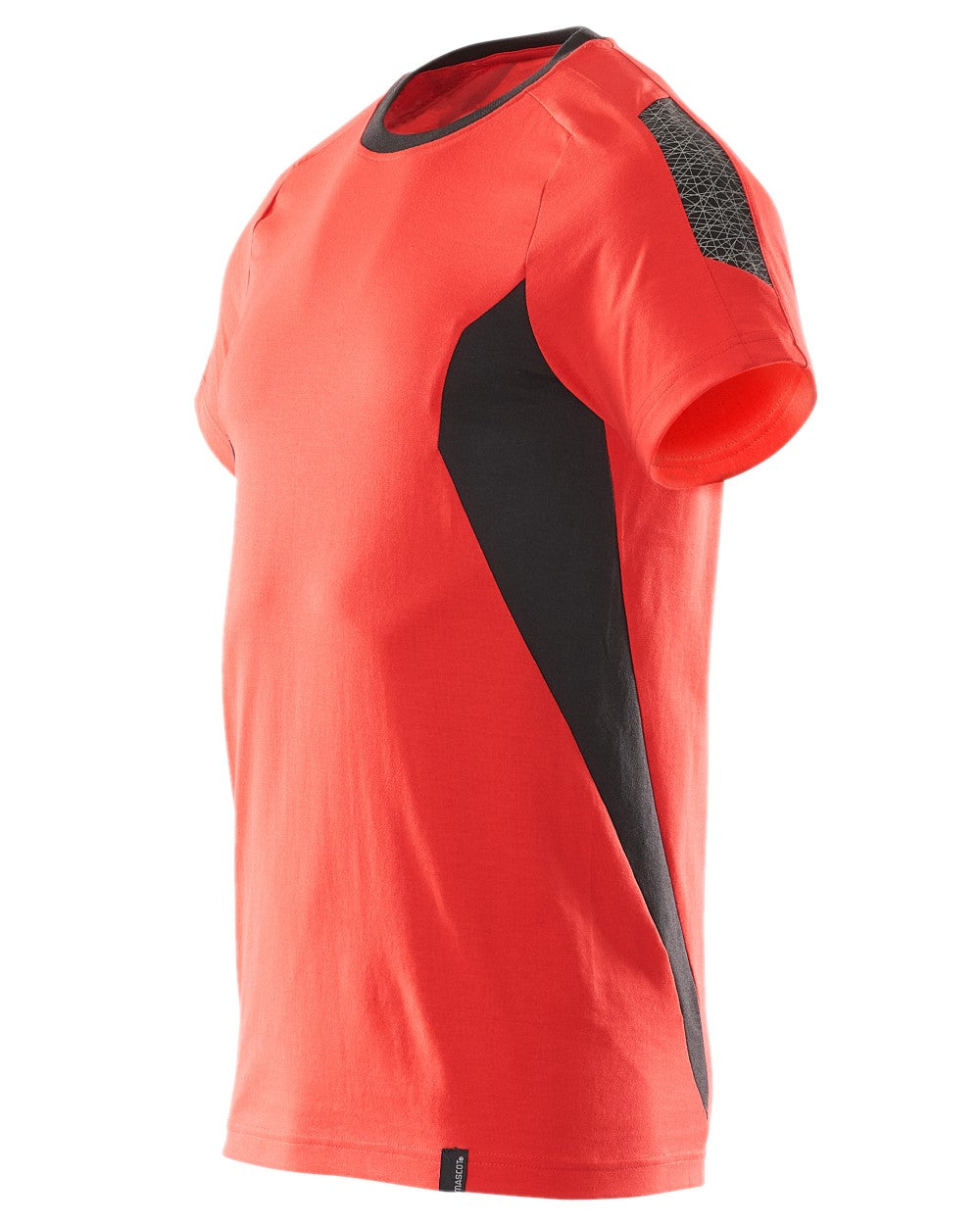 Traffic Red Black Colored Mascot Workwear Mens Accelerate Short Sleeve T-Shirt on white background 