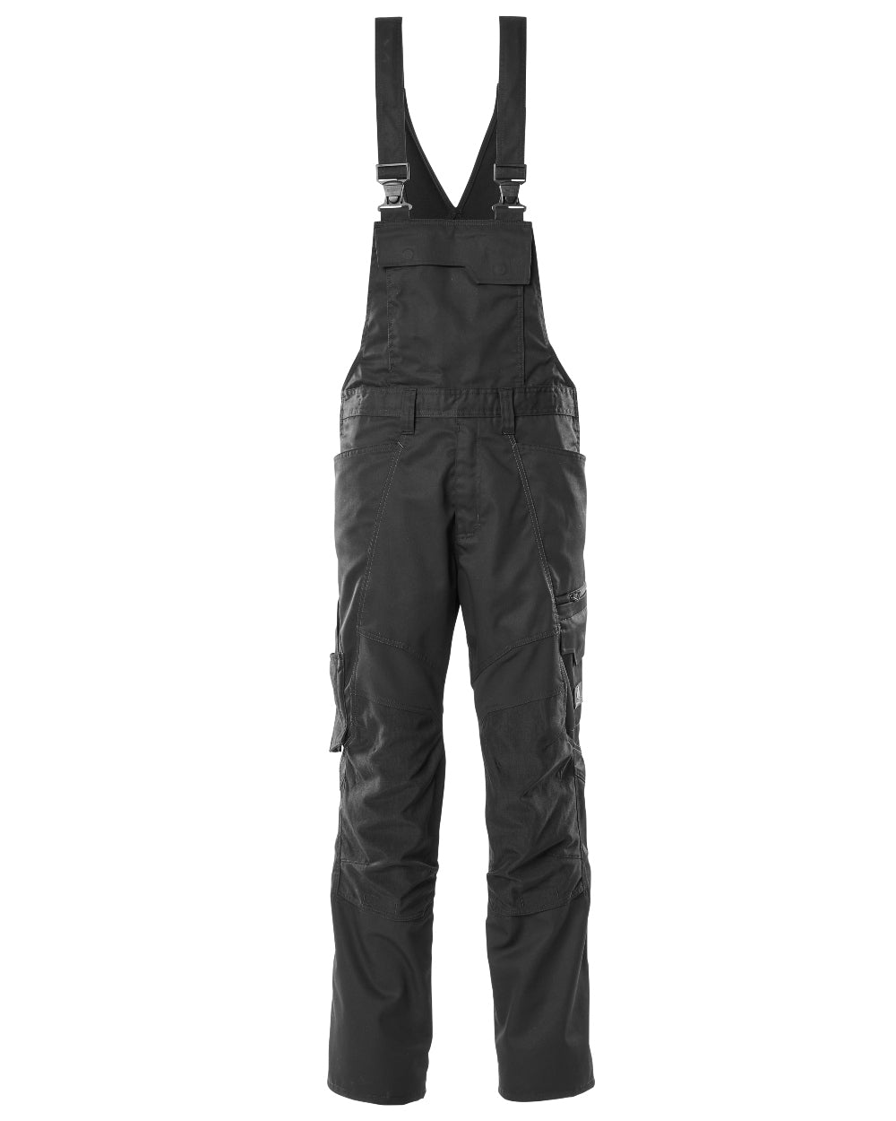 Black Coloured Mascot Workwear Mens Accelerate Stretch Zones Bib &amp; Brace With Kneepad Pockets on white background 
