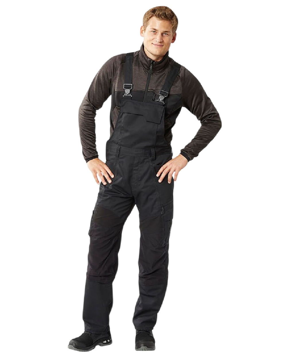 Black Coloured Mascot Workwear Mens Accelerate Stretch Zones Bib &amp; Brace With Kneepad Pockets on white background 