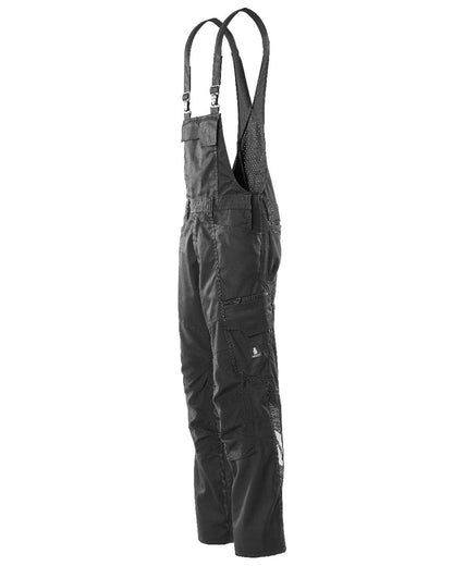 Black Coloured Mascot Workwear Mens Accelerate Stretch Zones Bib &amp; Brace With Kneepad Pockets on white background 