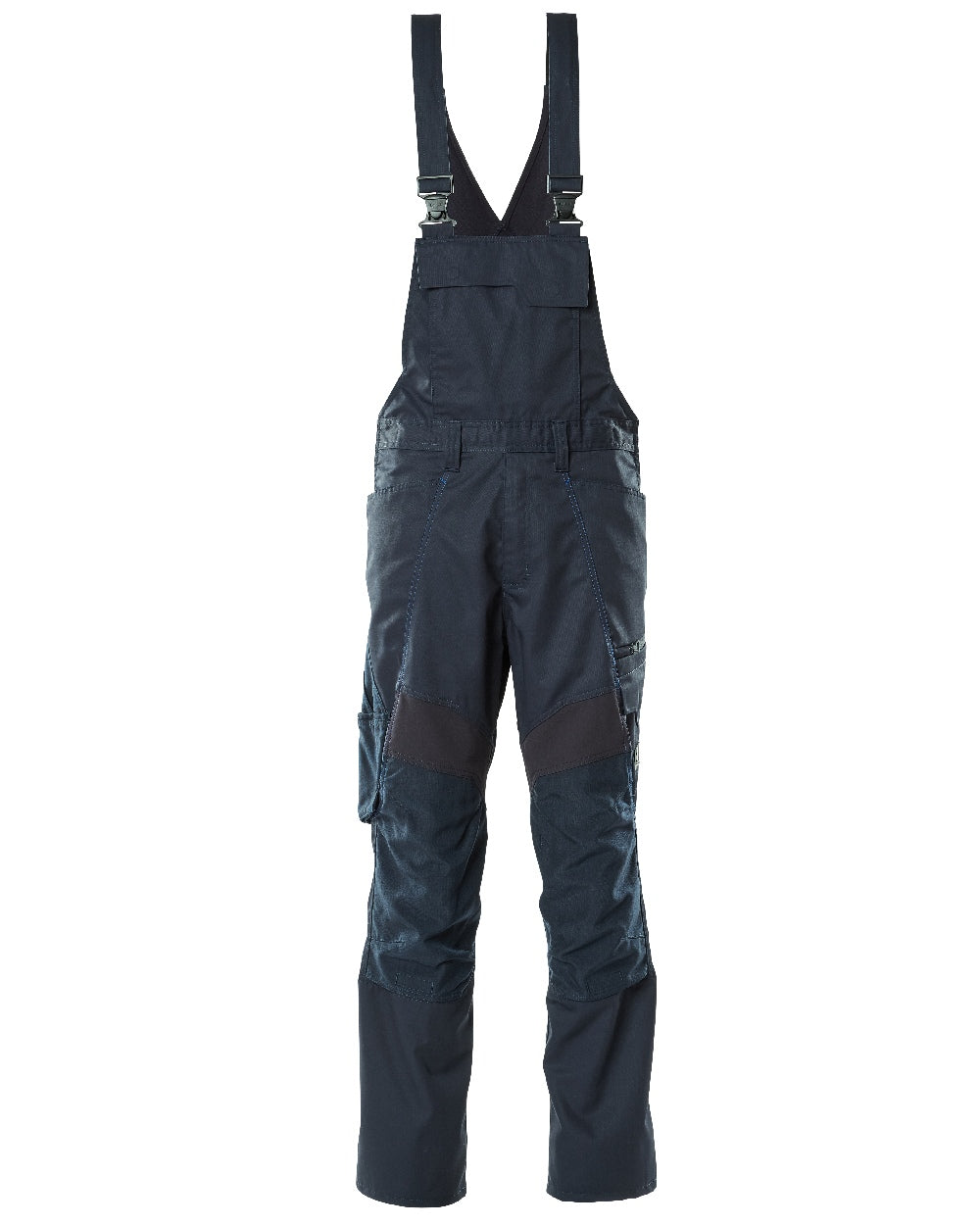 Dark Navy Coloured Mascot Workwear Mens Accelerate Stretch Zones Bib &amp; Brace With Kneepad Pockets on white background 