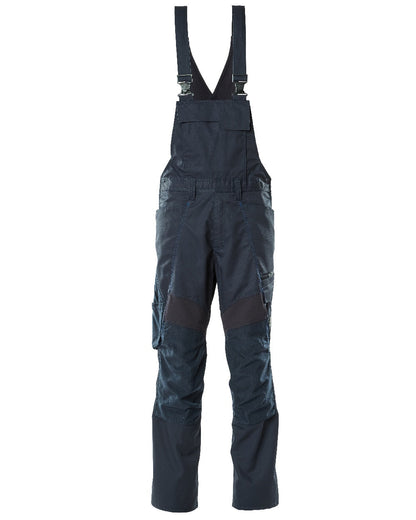 Dark Navy Coloured Mascot Workwear Mens Accelerate Stretch Zones Bib &amp; Brace With Kneepad Pockets on white background 