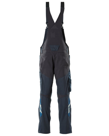 Dark Navy Coloured Mascot Workwear Mens Accelerate Stretch Zones Bib &amp; Brace With Kneepad Pockets on white background 