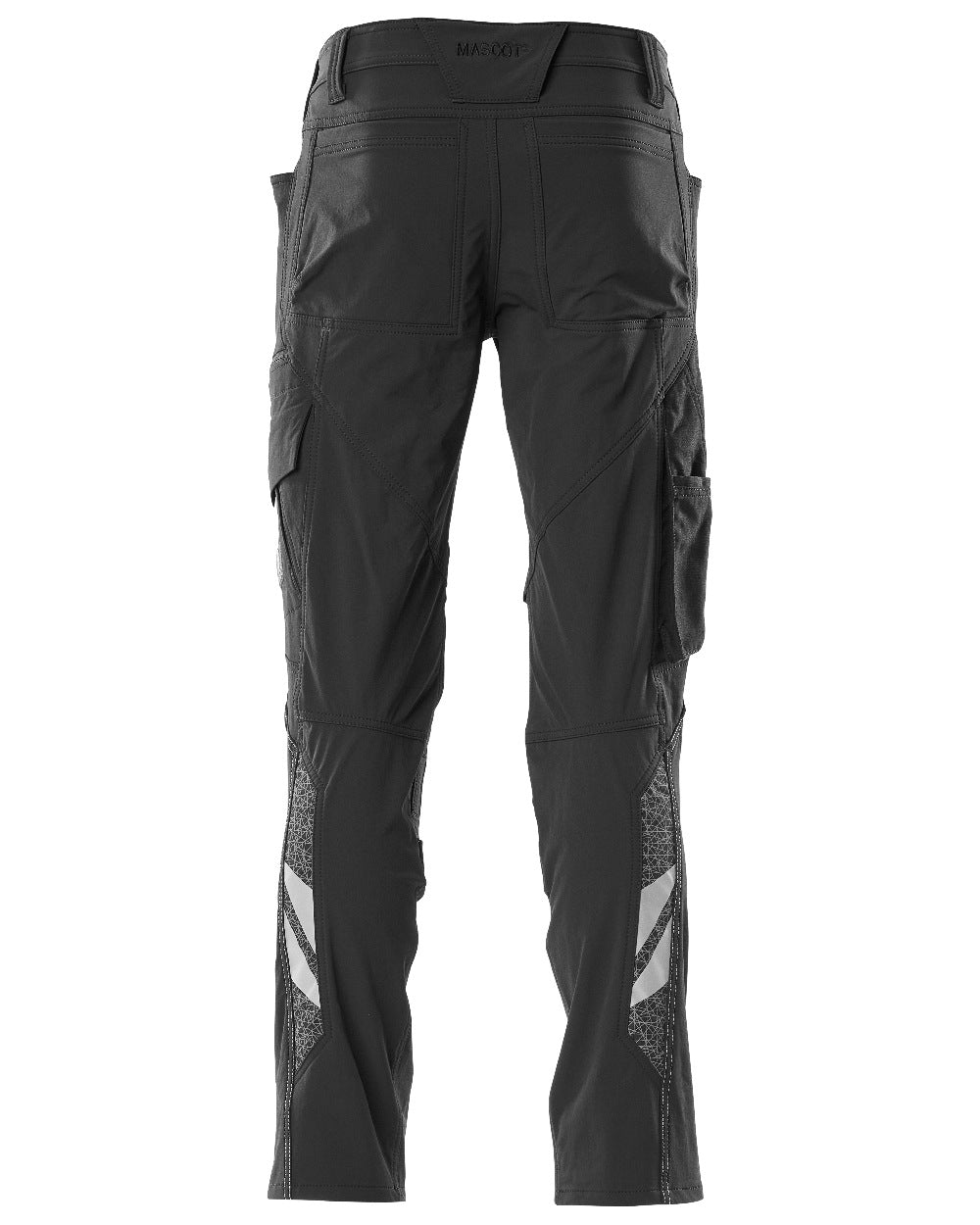Black Coloured Mascot Workwear Mens Accelerate Ultimate Stretch Trousers With Kneepad Pockets on white background 