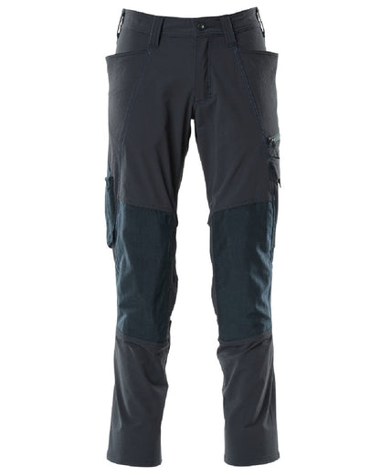 Dark Navy Coloured Mascot Workwear Mens Accelerate Ultimate Stretch Trousers With Kneepad Pockets on white background 