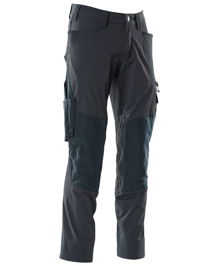 Dark Navy Coloured Mascot Workwear Mens Accelerate Ultimate Stretch Trousers With Kneepad Pockets on white background 