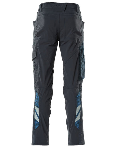 Dark Navy Coloured Mascot Workwear Mens Accelerate Ultimate Stretch Trousers With Kneepad Pockets on white background 