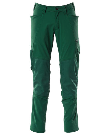 Green Coloured Mascot Workwear Mens Accelerate Ultimate Stretch Trousers With Kneepad Pockets on white background 