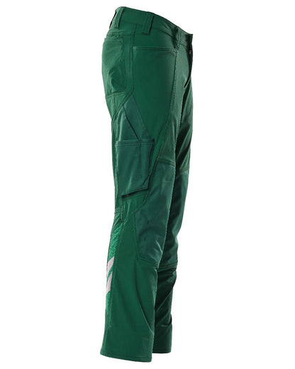 Green Coloured Mascot Workwear Mens Accelerate Ultimate Stretch Trousers With Kneepad Pockets on white background 