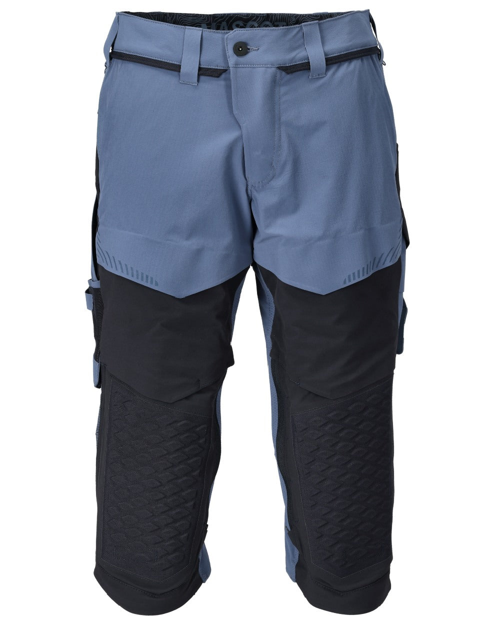 Stone Blue Dark Navy Coloured Mascot Workwear Mens Customized 3/4 Length Trousers With Kneepad Pockets on white background 