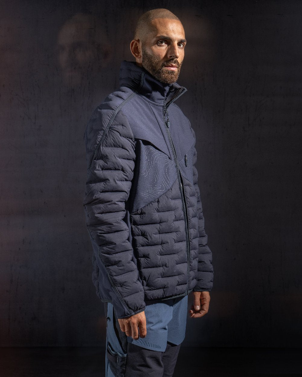Dark Navy Coloured Mascot Workwear Mens Customized Breathable Jacket on studio background 