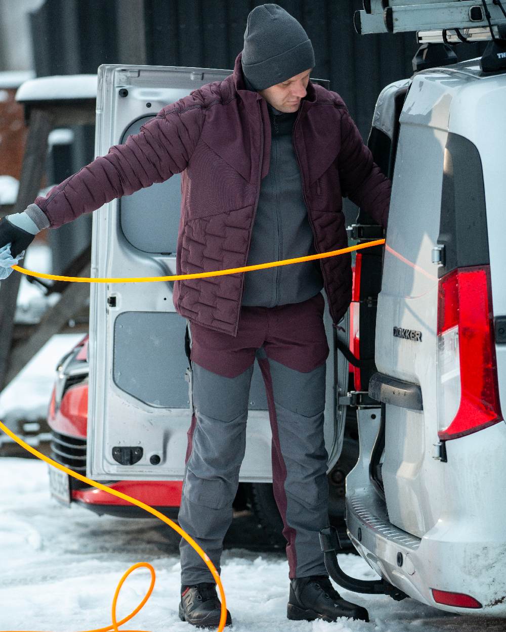 Bordeaux Coloured Mascot Workwear Mens Customized Breathable Jacket on snow background 