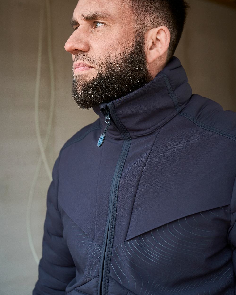 Dark Navy Coloured Mascot Workwear Mens Customized Breathable Jacket on indoor background 