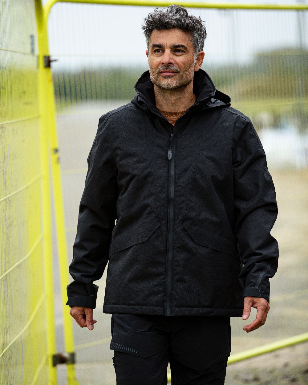 Black Coloured Mascot Workwear Mens Customized Breathable Winter Jacket on outdoor background 