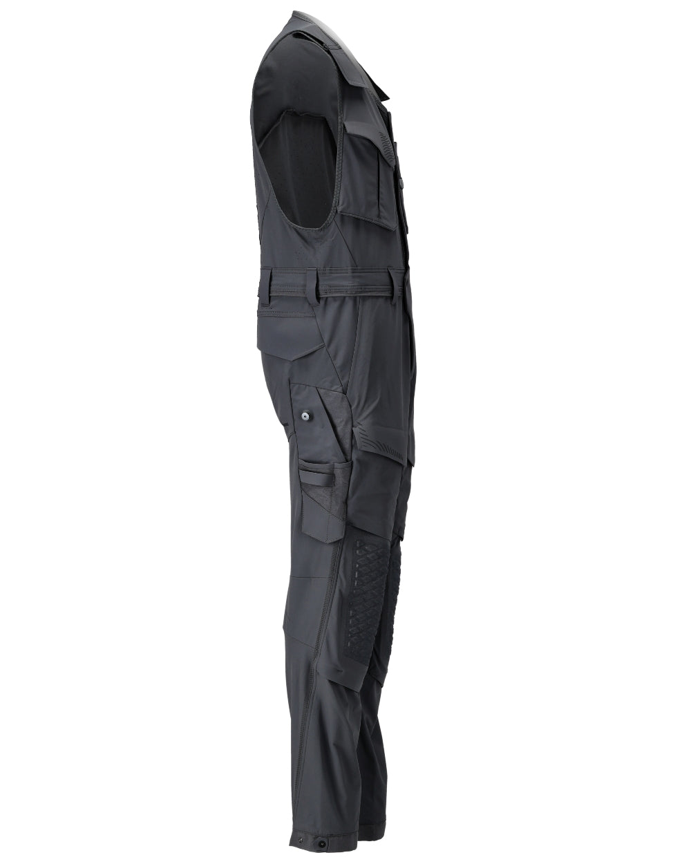 Black Coloured Mascot Workwear Mens Customized Combi Suit With Kneepad Pockets on white background 