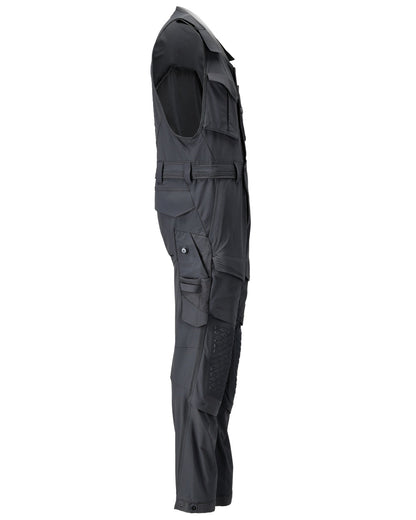 Black Coloured Mascot Workwear Mens Customized Combi Suit With Kneepad Pockets on white background 