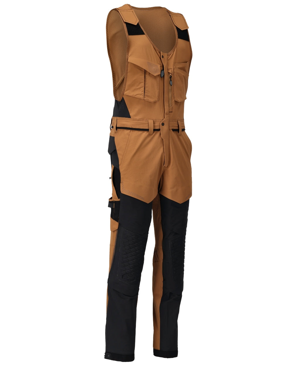 Nut Brown Black Coloured Mascot Workwear Mens Customized Combi Suit With Kneepad Pockets on white background 