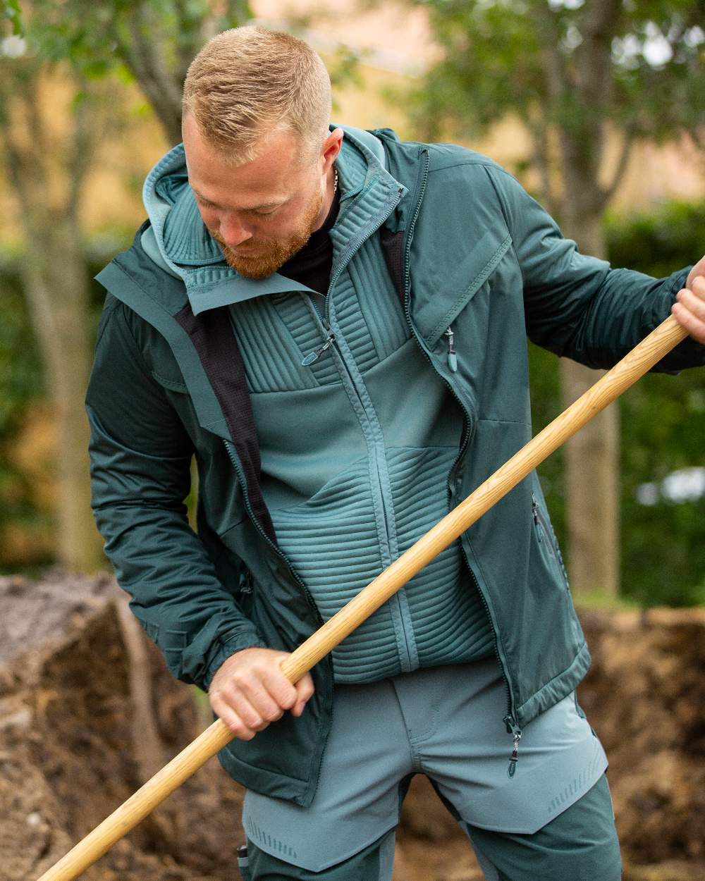 Light Forest Green Coloured Mascot Workwear Mens Customized Fleece Hoodie With Zipper on outdoor background 