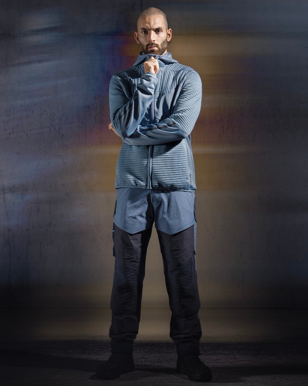Stone Blue Coloured Mascot Workwear Mens Customized Fleece Hoodie With Zipper on studio background 