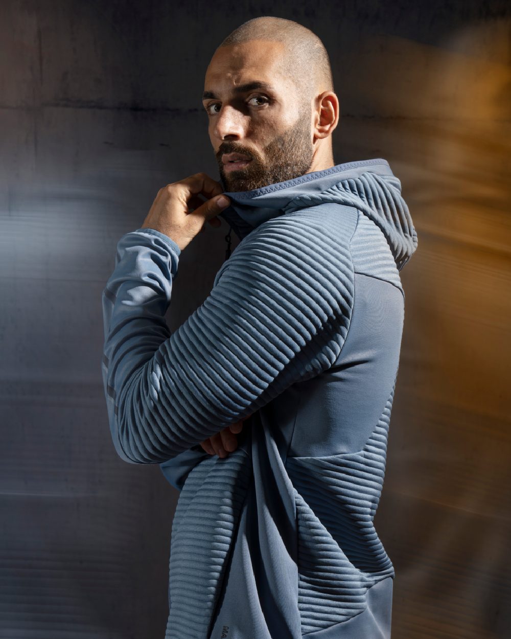 Stone Blue Coloured Mascot Workwear Mens Customized Fleece Hoodie With Zipper on studio background 