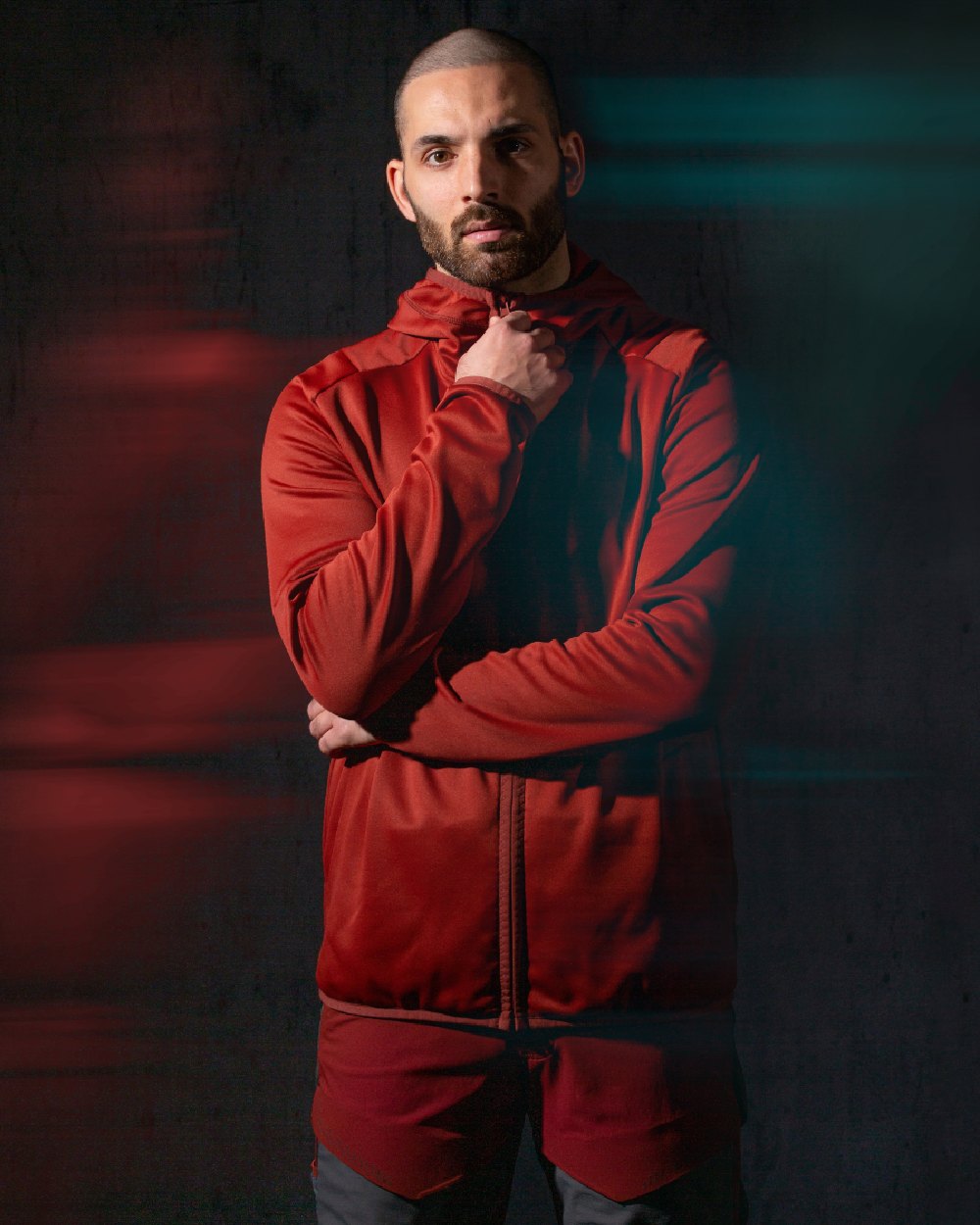Autumn Red Coloured Mascot Workwear Mens Customized Fleece Jumper With Hood on studio background 