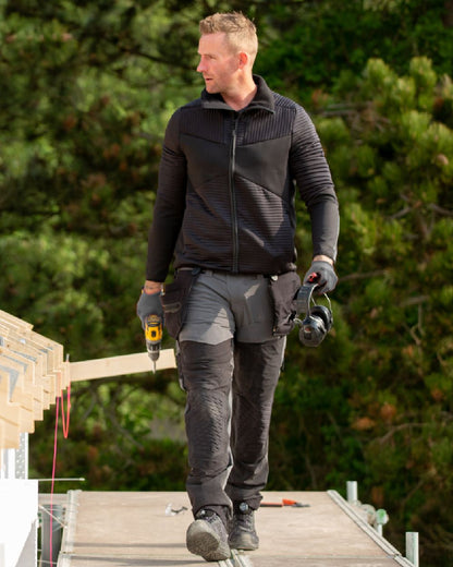 Black Coloured Mascot Workwear Mens Customized Fleece Jumper With Zipper on outdoor background 
