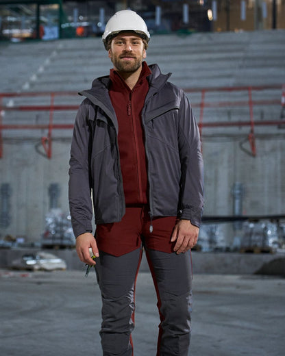 Autumn Red Coloured Mascot Workwear Mens Customized Full Zip Fleece Jumper on construction background 