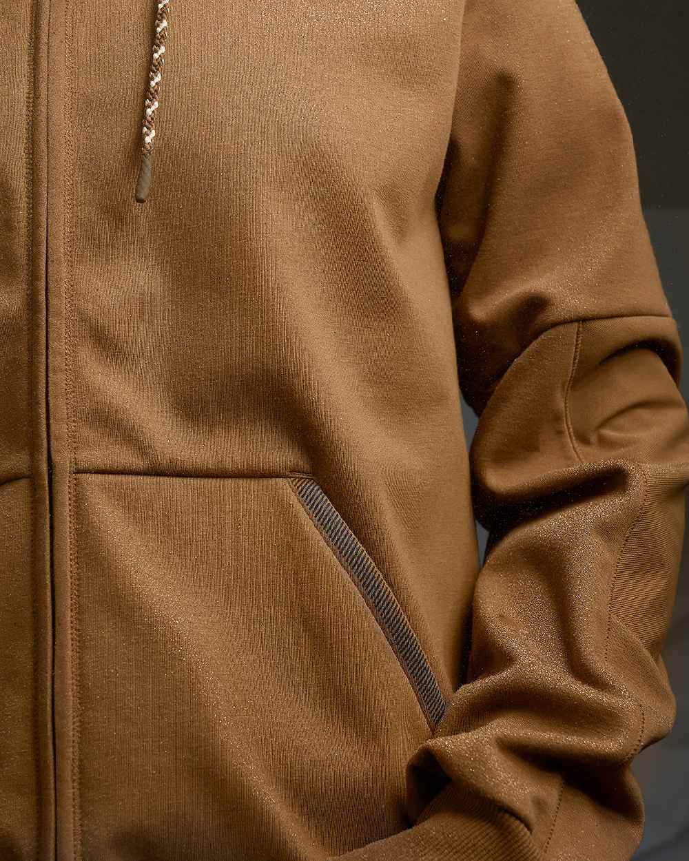 Nut Brown Coloured Mascot Workwear Mens Customized Hoodie With Windproof Membrane on indoor background 