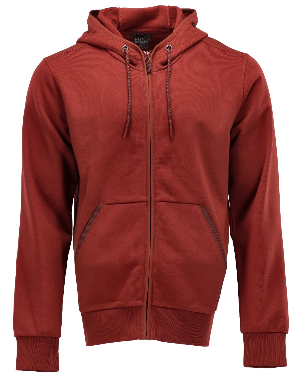 Autumn Red Coloured Mascot Workwear Mens Customized Hoodie With Zipper on white background 