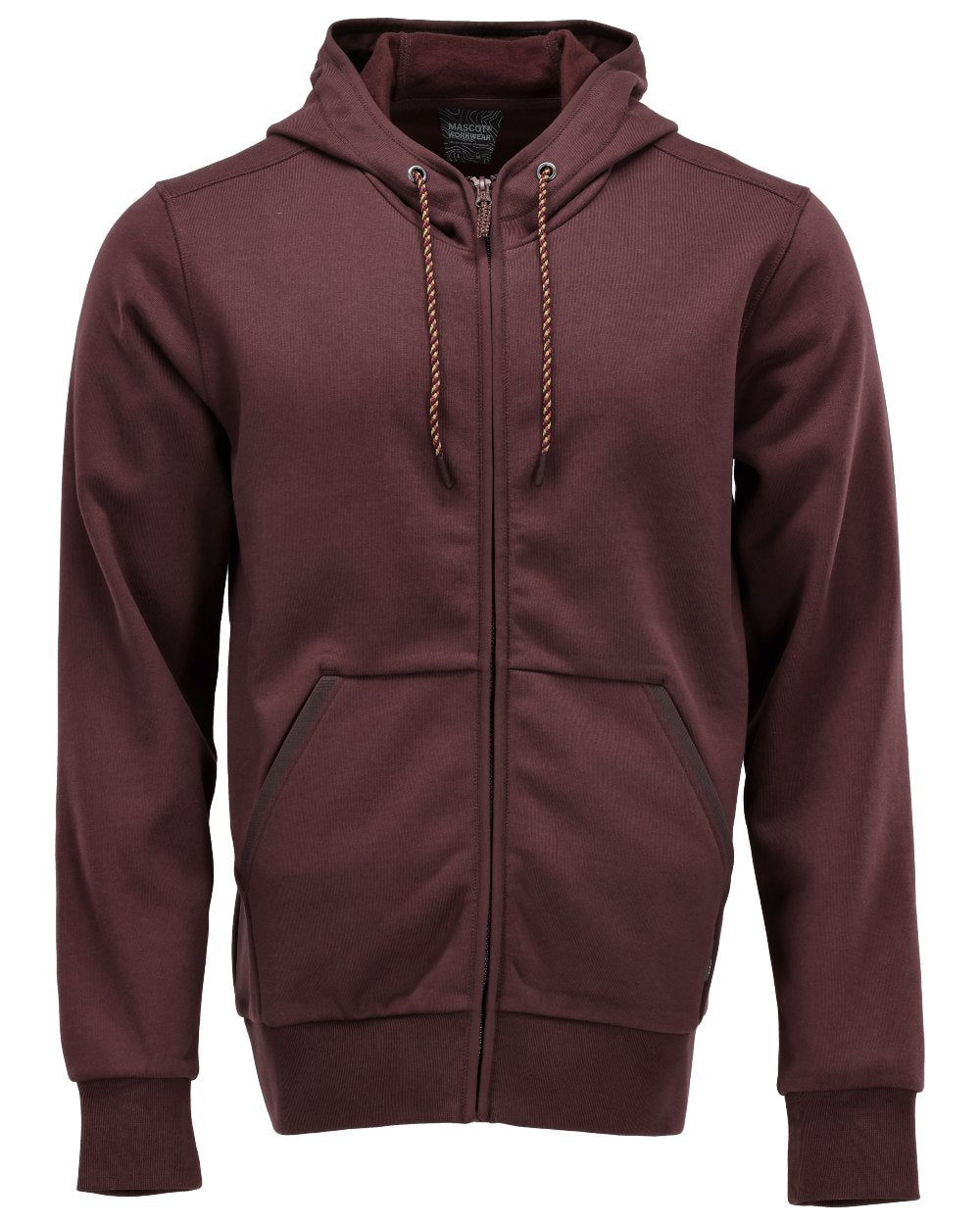 Bordeaux Coloured Mascot Workwear Mens Customized Hoodie With Zipper on white background 