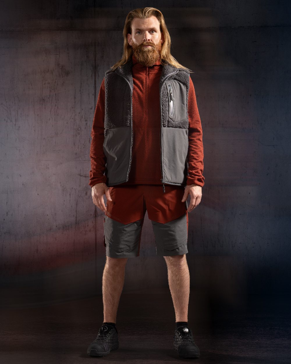 Bordeaux Stone Grey Coloured Mascot Workwear Mens Customized Lightweight Shorts on studio background 