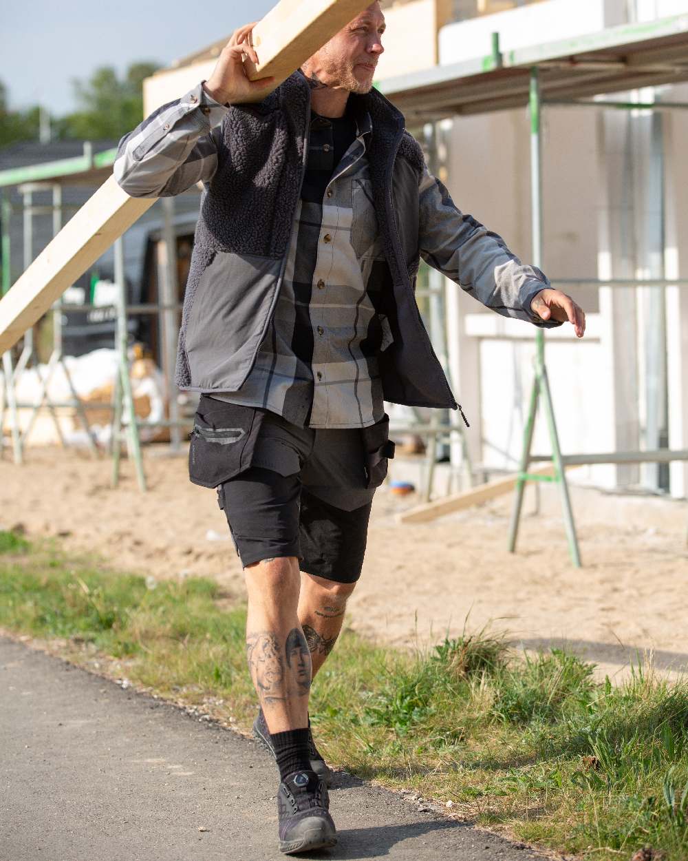 Stone Grey Black Coloured Mascot Workwear Mens Customized Lightweight Shorts on outdoor background 