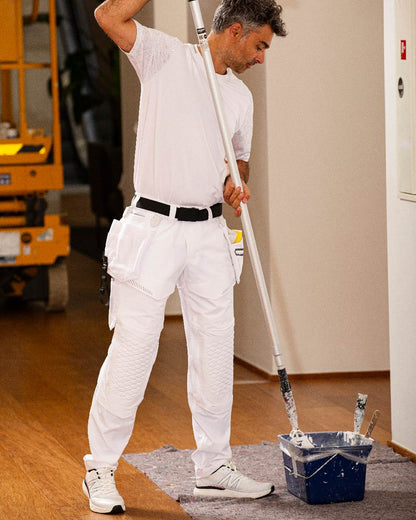 White Coloured Mascot Workwear Mens Customized Lightweight Trousers With Kneepad Pockets on indoor background 