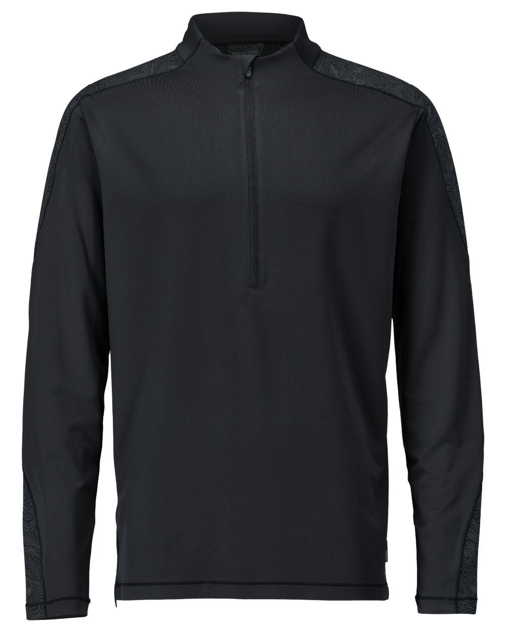 Black Coloured Mascot Workwear Mens Customized Long Sleeved Half Zip T-Shirt on white background 