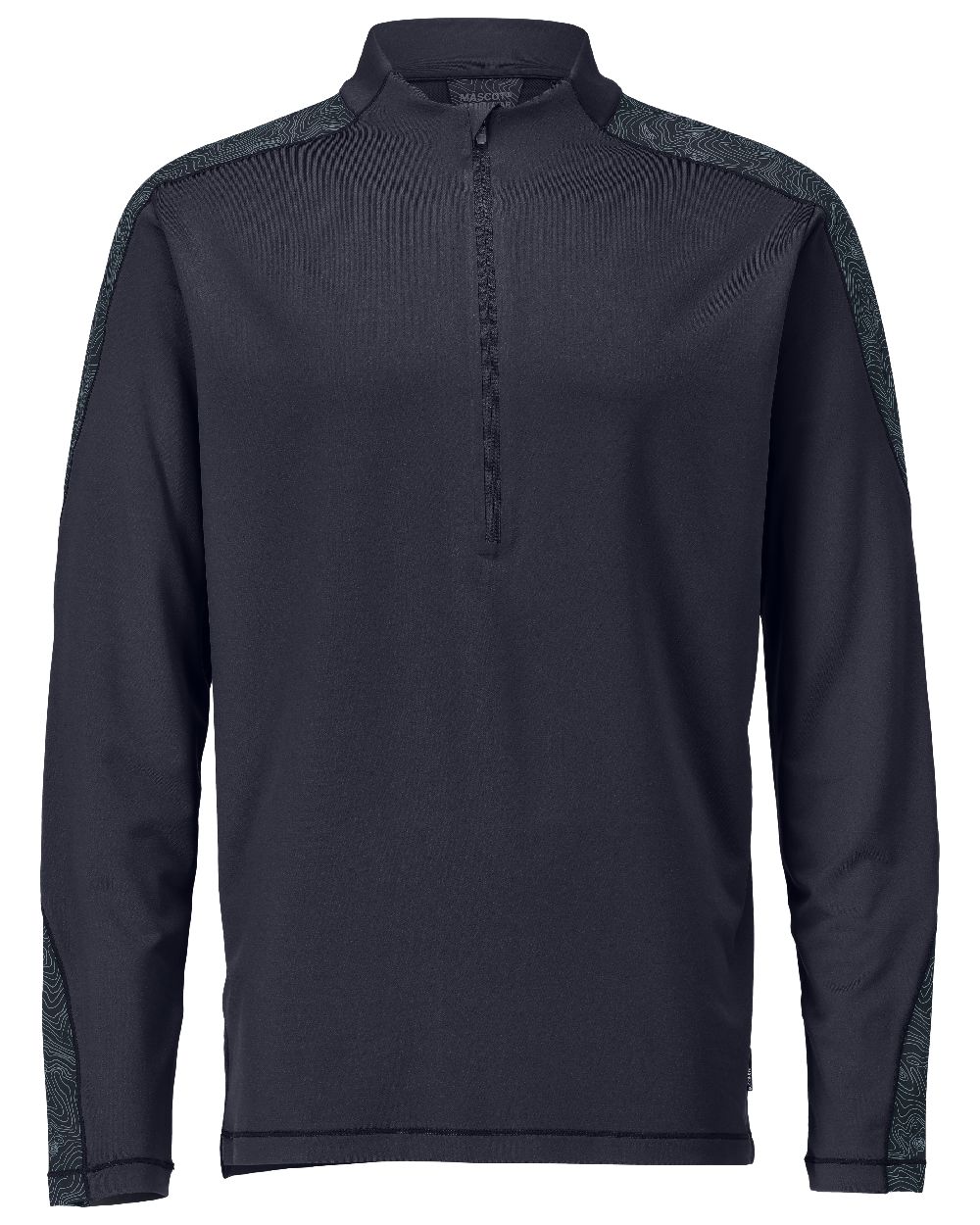 Dark Navy Coloured Mascot Workwear Mens Customized Long Sleeved Half Zip T-Shirt on white background 