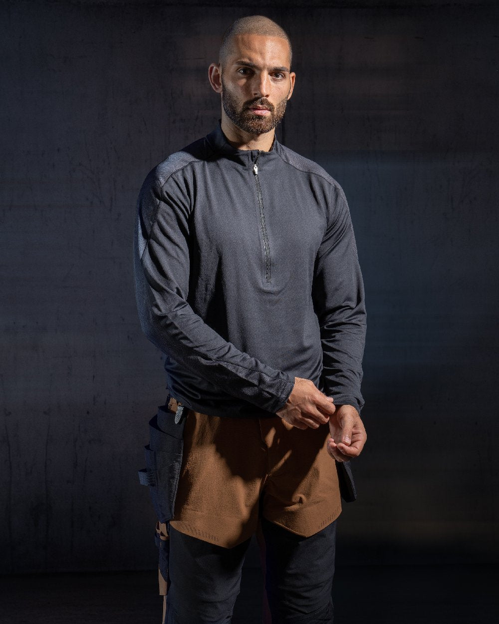 Dark Navy Coloured Mascot Workwear Mens Customized Long Sleeved Half Zip T-Shirt on indoor background 