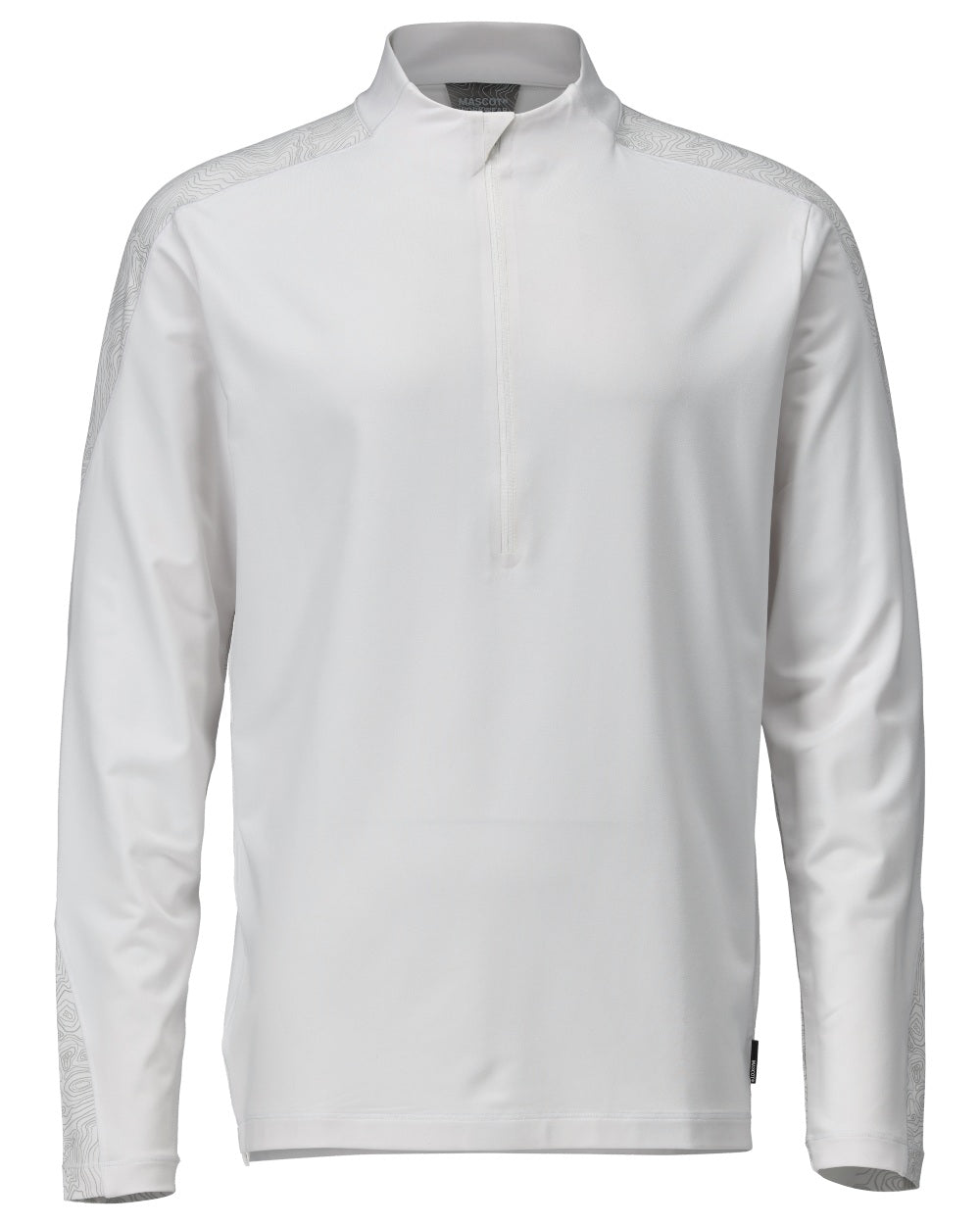 White Coloured Mascot Workwear Mens Customized Long Sleeved Half Zip T-Shirt on white background 