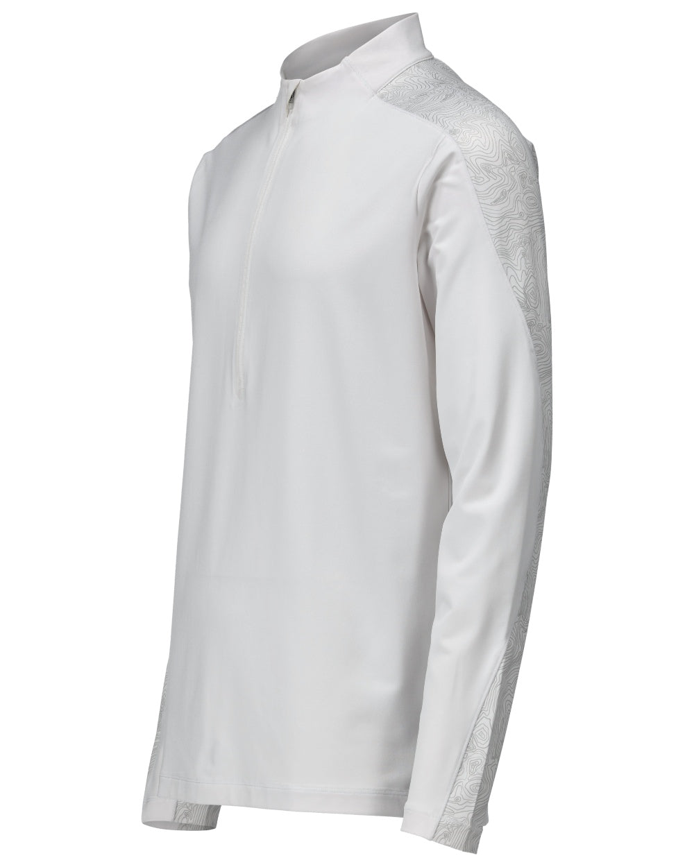 White Coloured Mascot Workwear Mens Customized Long Sleeved Half Zip T-Shirt on white background 