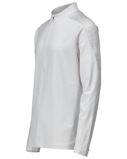 White Coloured Mascot Workwear Mens Customized Long Sleeved Half Zip T-Shirt on white background 